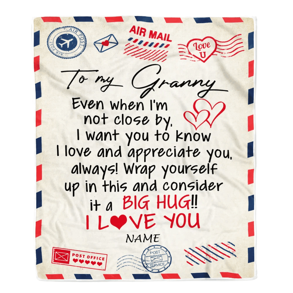 Personalized Granny Blanket From Grandkids I Love You Hugs Air Mail Letter Granny Birthday Mothers Day Christmas Customized Fleece Blanket
