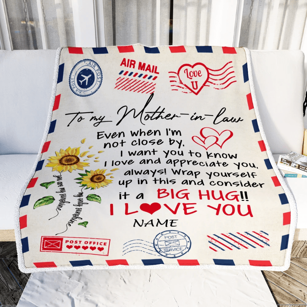 Personalized To My Mother In Law Blanket Love Big Hug Air Mail Letter Sunflower Mother In Law Birthday Mothers Daythanksgiving Christmas Fleece Throw Blanket