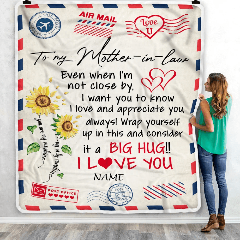 Personalized To My Mother In Law Blanket Love Big Hug Air Mail Letter Sunflower Mother In Law Birthday Mothers Daythanksgiving Christmas Fleece Throw Blanket