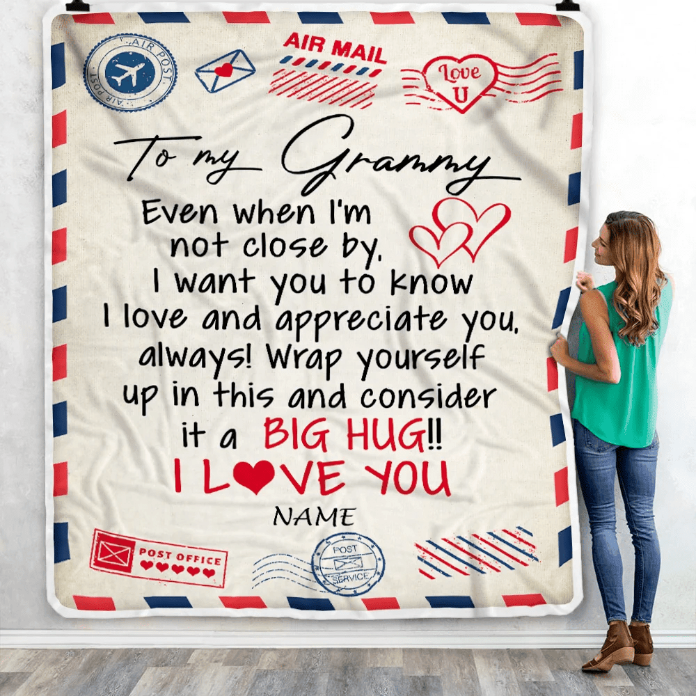 Personalized Grammy Blanket From Grandkids I Love You Hugs Air Mail Letter Grammy Birthday Mothers Day Christmas Customized Fleece Blanket