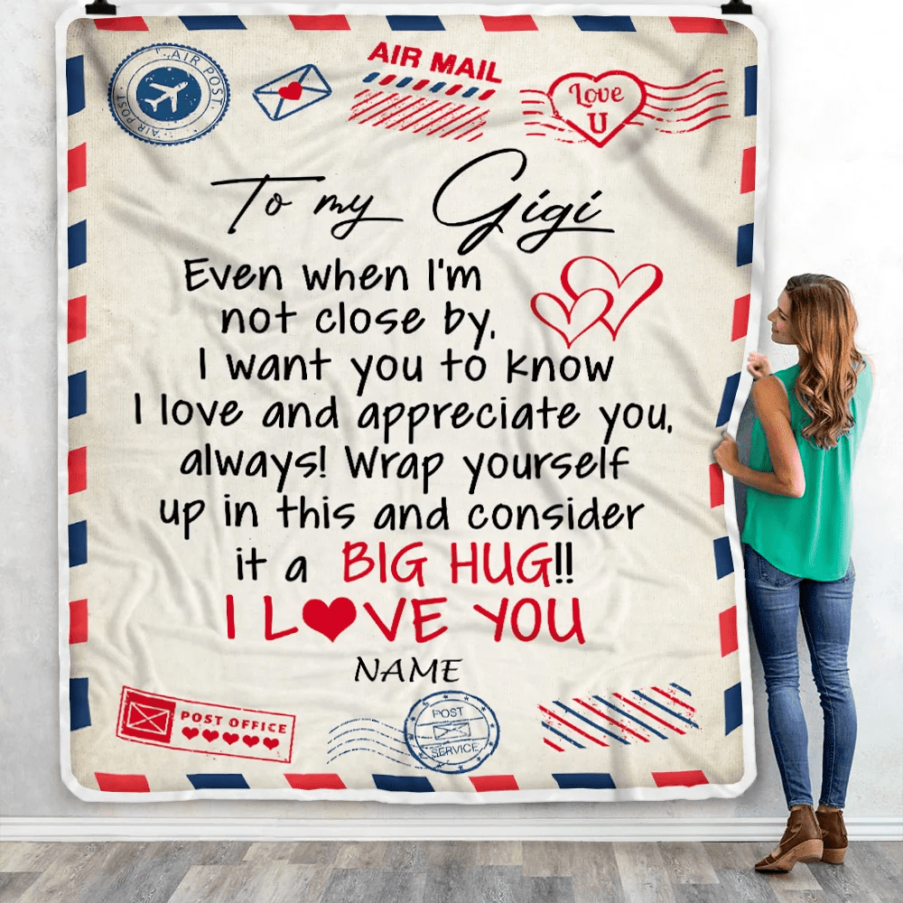 Personalized Gigi Blanket From Grandkids I Love You Hugs Air Mail Letter Gigi Birthday Mothers Day Christmas Customized Fleece Blanket