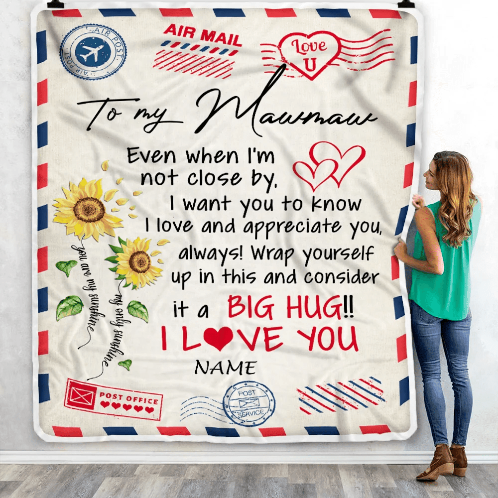 Personalized Mawmaw Blanket From Grandkids Love Big Hug Air Mail Letter Sunflower Mawmaw Birthday Mothers Day Christmas Customized Fleece Throw Blanket