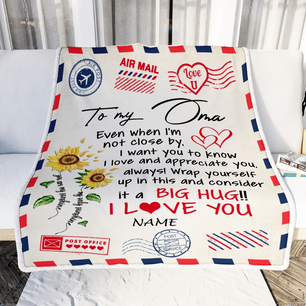 Personalized Oma Blanket From Grandkids Love Big Hug Air Mail Letter Sunflower Oma Birthday Mothers Day Christmas Customized Fleece Throw Blanket