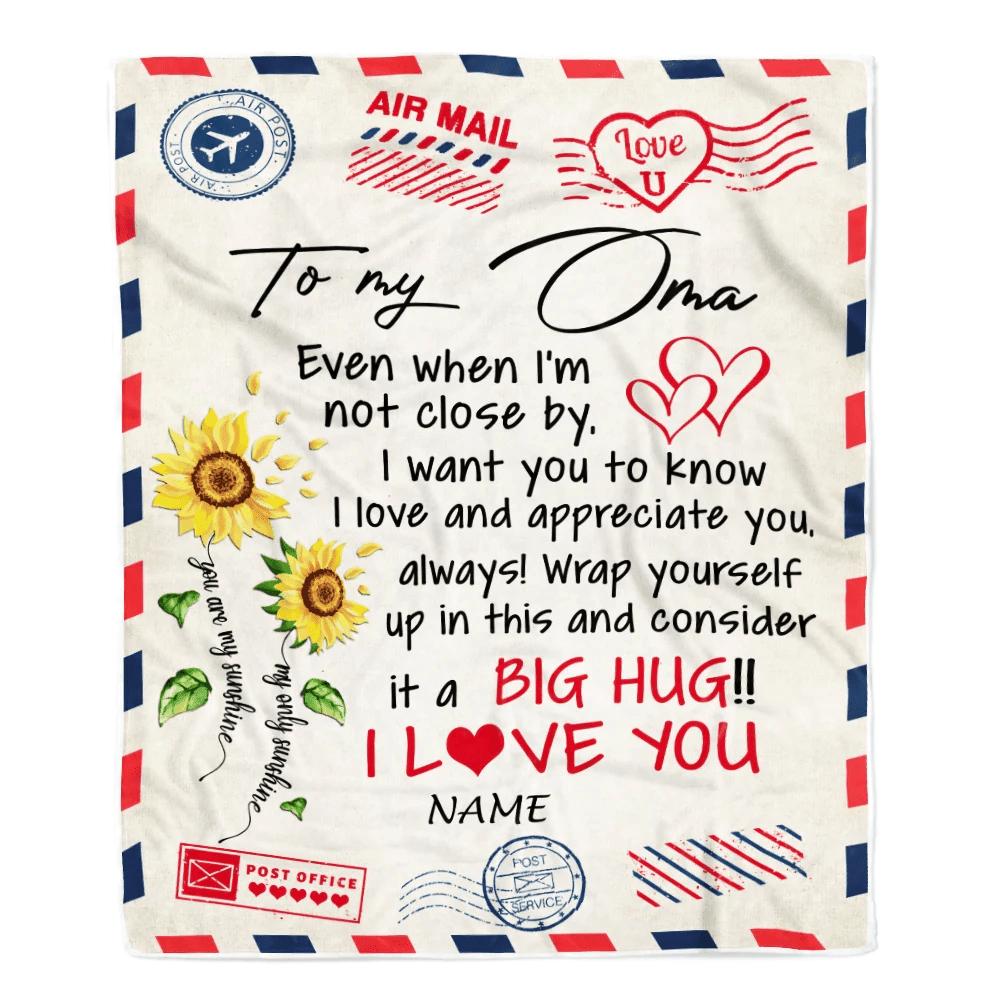 Personalized Oma Blanket From Grandkids Love Big Hug Air Mail Letter Sunflower Oma Birthday Mothers Day Christmas Customized Fleece Throw Blanket