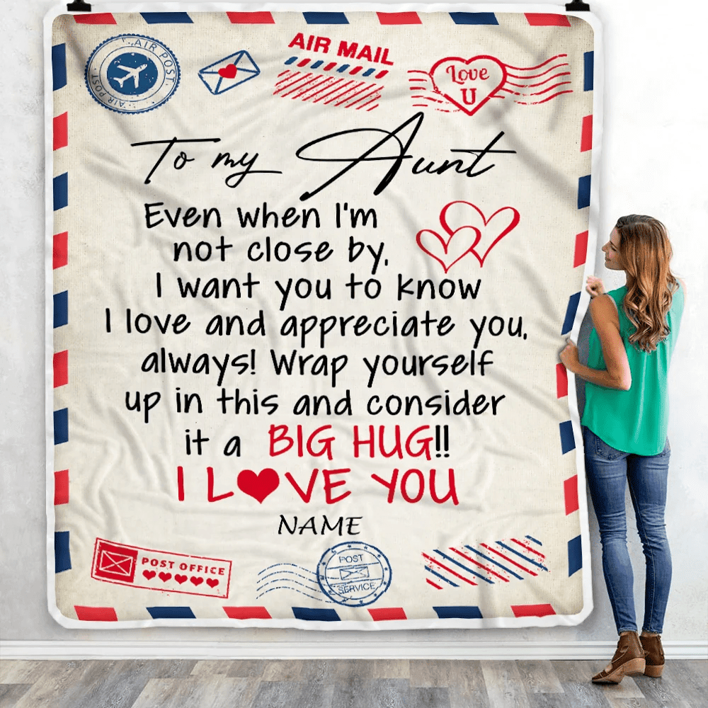 Personalized To My Aunt Blanket From Nephew Niece I Love You Hugs Air Mail Letter Birthday Mothers Day Christmas Thanksgiving Customized Fleece Blanket