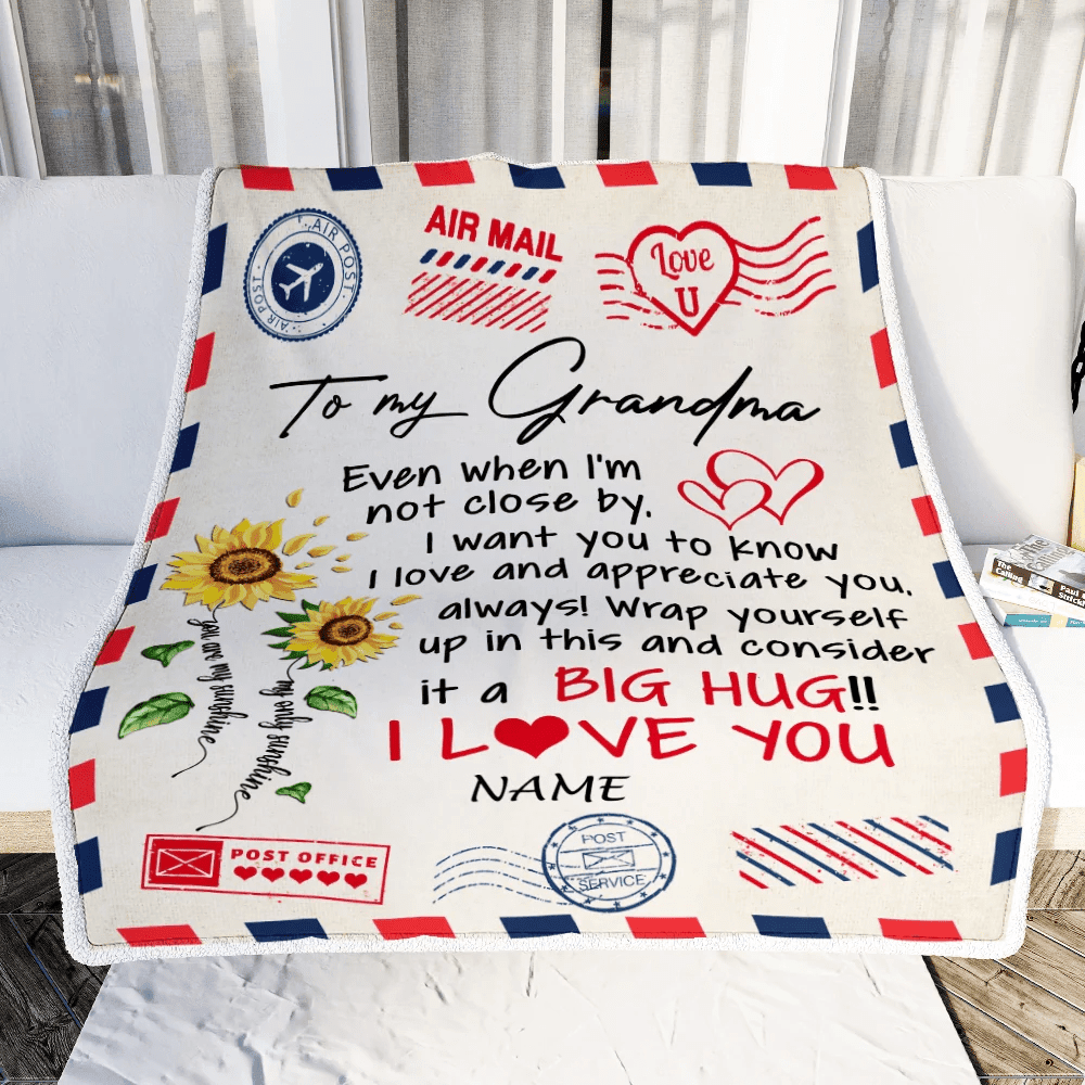 Personalized Grandma Blanket From Grandkids Love Big Hug Air Mail Letter Sunflower Grandma Birthday Mothers Day Christmas Customized Fleece Throw Blanket