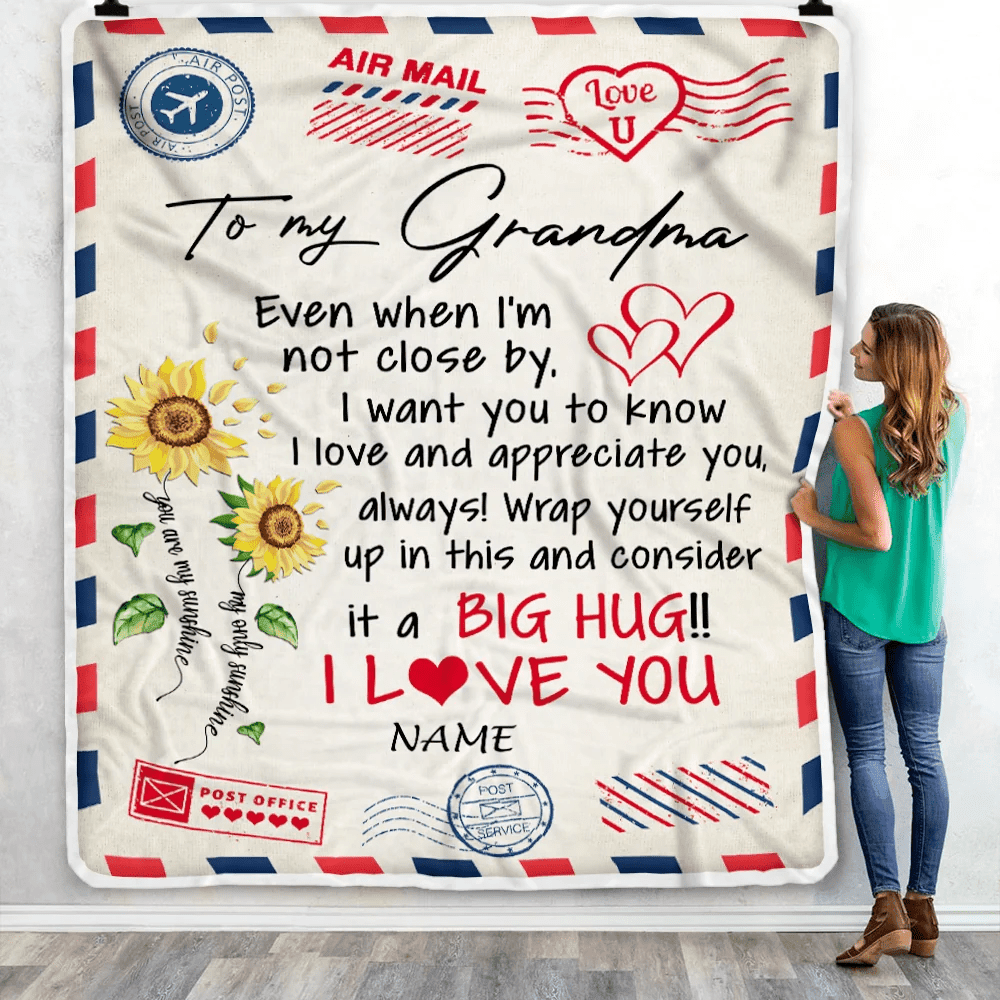 Personalized Grandma Blanket From Grandkids Love Big Hug Air Mail Letter Sunflower Grandma Birthday Mothers Day Christmas Customized Fleece Throw Blanket