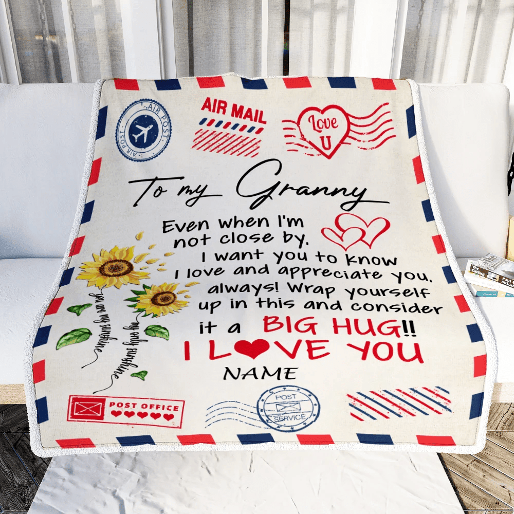 Personalized Granny Blanket From Grandkids Love Big Hug Air Mail Letter Sunflower Granny Birthday Mothers Day Christmas Customized Fleece Throw Blanket