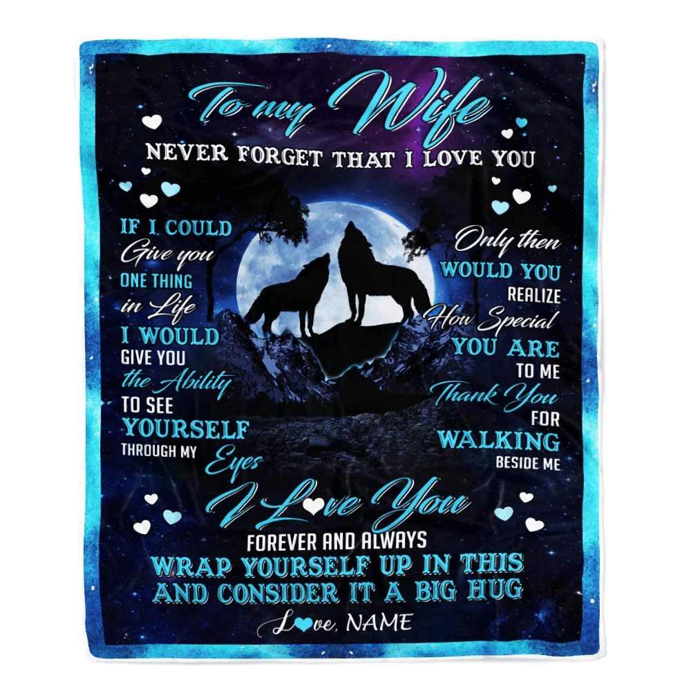 Personalized Wolf to My Wife Blanket from Husband Never Forget That I Love You for Wife Birthday Mothers Day Christmas Customized Fleece Blanket