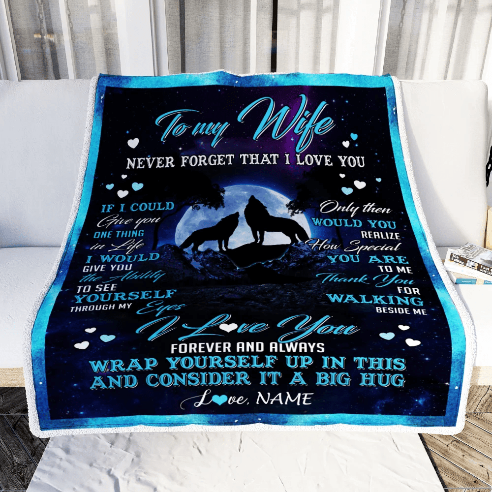 Personalized Wolf to My Wife Blanket from Husband Never Forget That I Love You for Wife Birthday Mothers Day Christmas Customized Fleece Blanket
