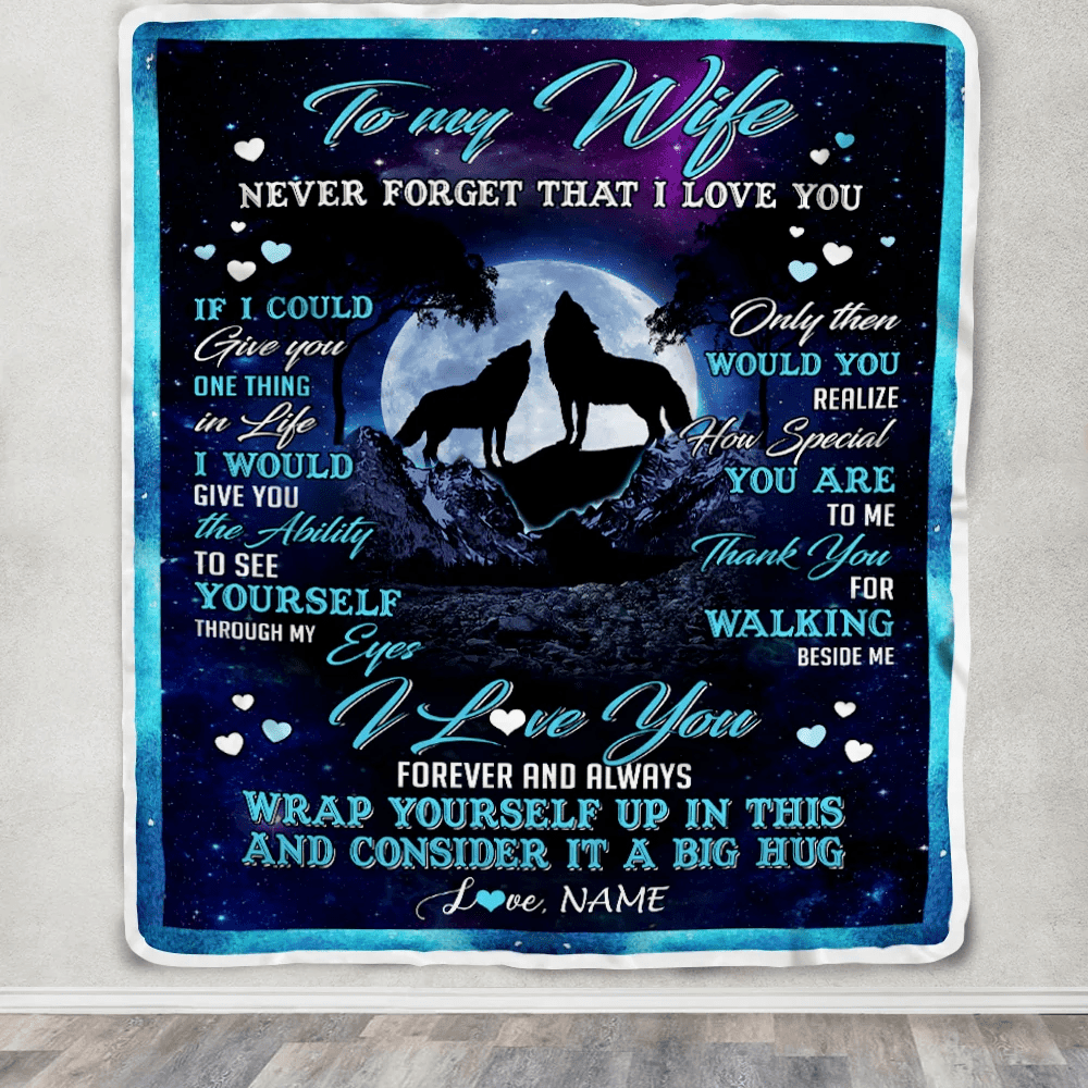 Personalized Wolf to My Wife Blanket from Husband Never Forget That I Love You for Wife Birthday Mothers Day Christmas Customized Fleece Blanket