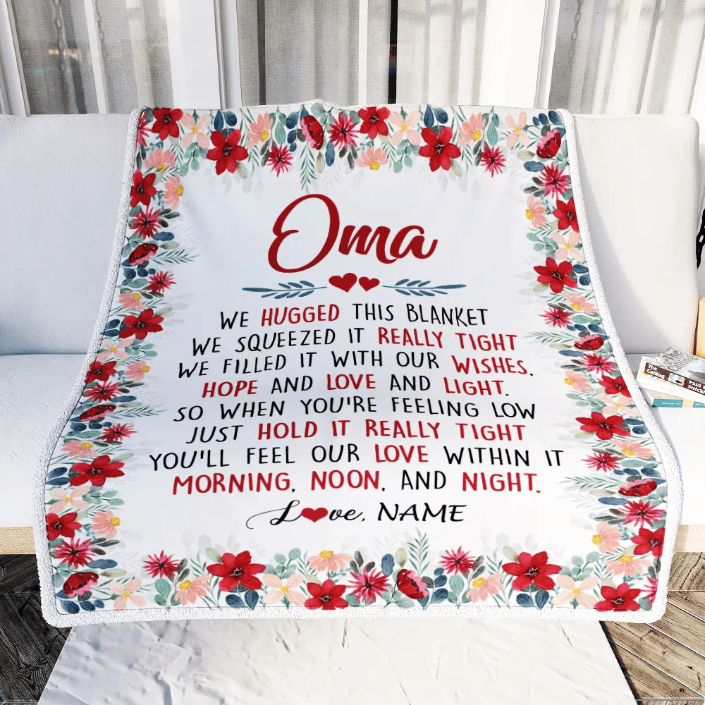 Personalized Oma Blanket From Grandkids Grandson Granddaughter We Hugged This Blanket Oma Birthday Mothers Day Christmas Customized Fleece Throw Blanket