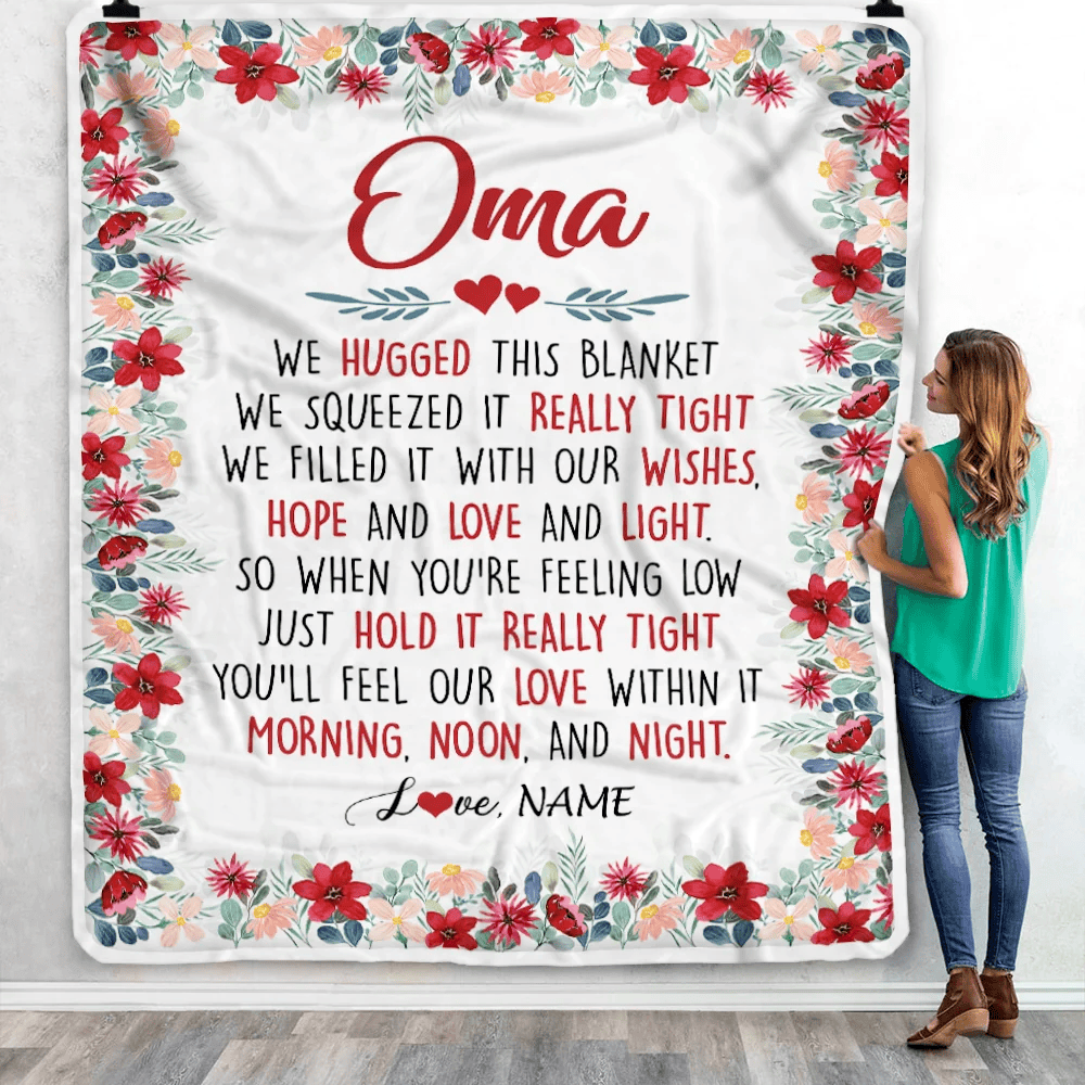 Personalized Oma Blanket From Grandkids Grandson Granddaughter We Hugged This Blanket Oma Birthday Mothers Day Christmas Customized Fleece Throw Blanket