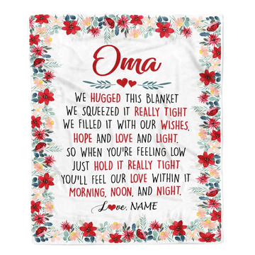 Personalized Oma Blanket From Grandkids Grandson Granddaughter We Hugged This Blanket Oma Birthday Mothers Day Christmas Customized Fleece Throw Blanket