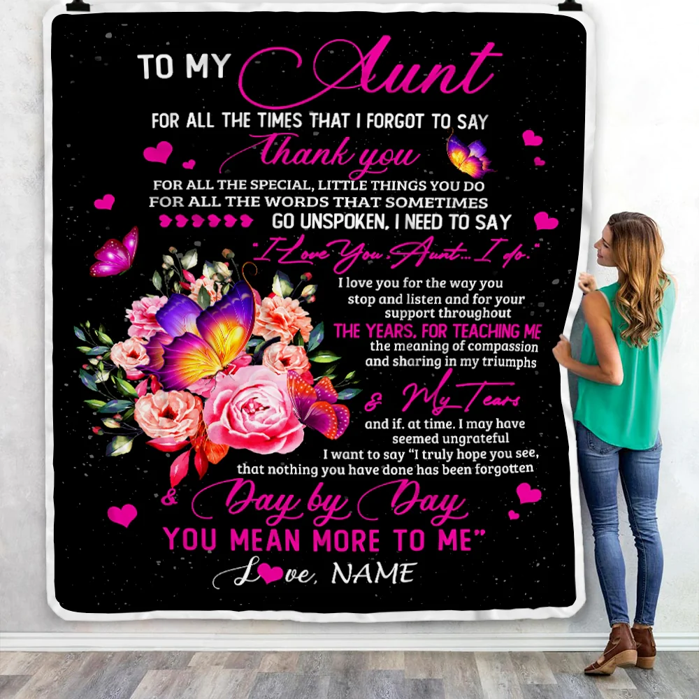 Personalized To My Aunt Blanket From Daughter Son Flower Butterfly Thank You For All The Special Aunt Birthday Mothers Day Customized Fleece Throw Blanket