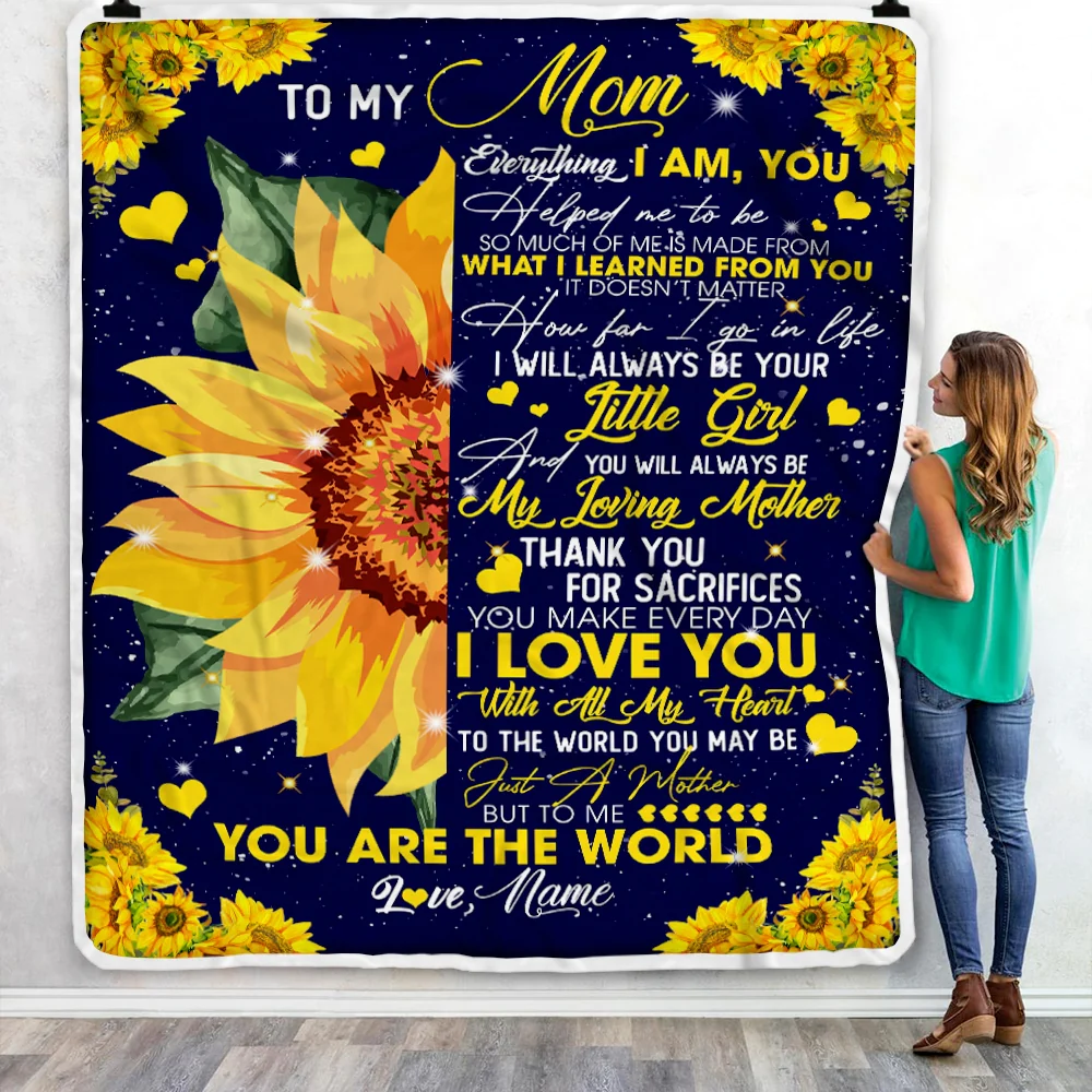 Personalized To My Mom Blanket from Daughter Everything I Am You Helped Me to Be Sunflower Birthday Mothers Day Christmas Customized Fleece Blanket