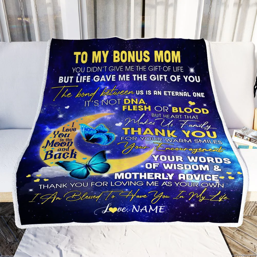 Personalized To My Bonus Mom Blanket from Daughter In Law Thank You For Loving Me Butterfly Stepmother Mothers Day Birthday Christmas Customized Fleece Blanket