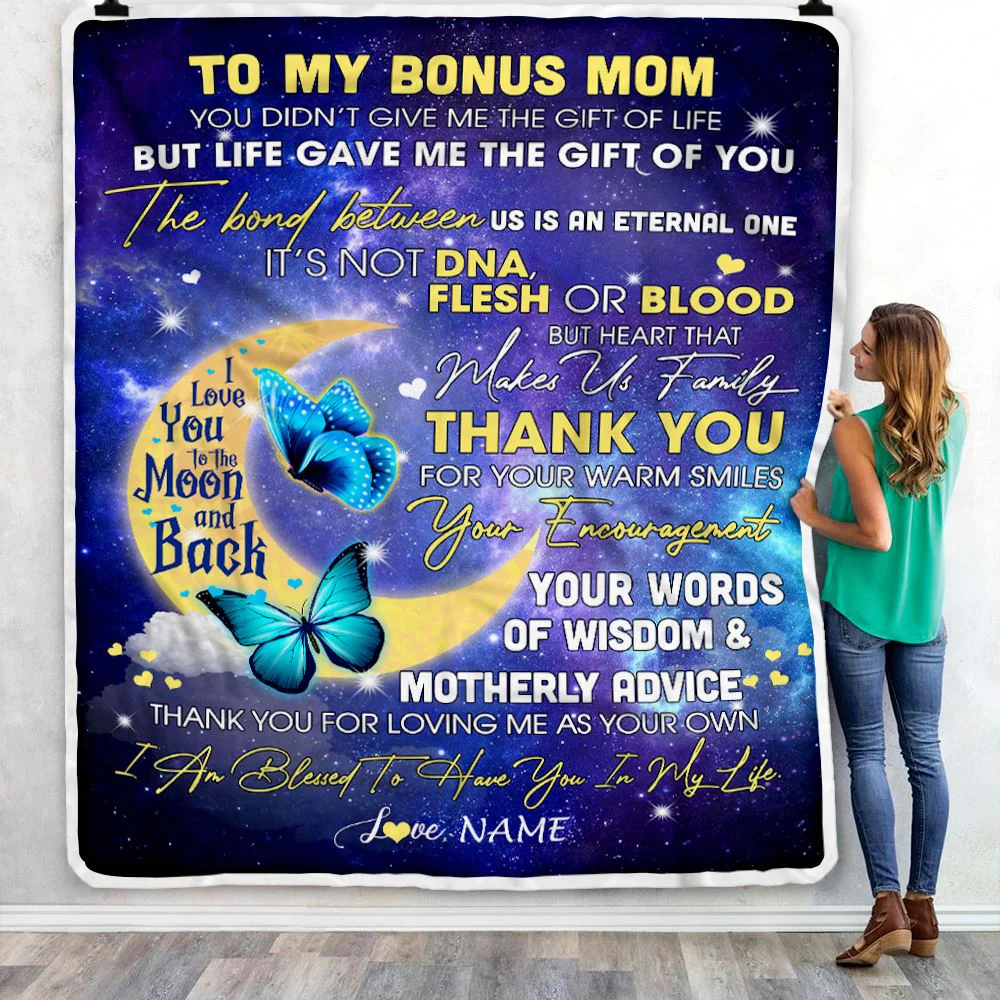 Personalized To My Bonus Mom Blanket from Daughter In Law Thank You For Loving Me Butterfly Stepmother Mothers Day Birthday Christmas Customized Fleece Blanket