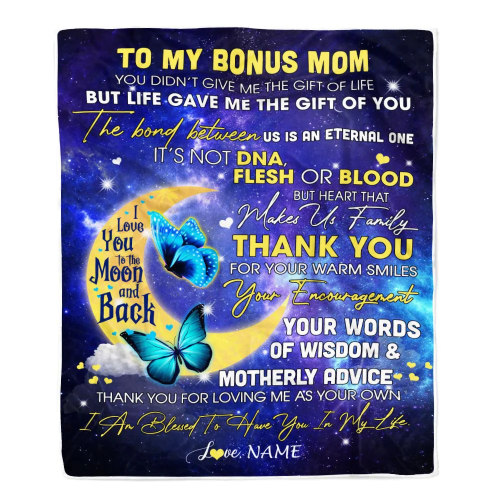 Personalized To My Bonus Mom Blanket from Daughter In Law Thank You For Loving Me Butterfly Stepmother Mothers Day Birthday Christmas Customized Fleece Blanket