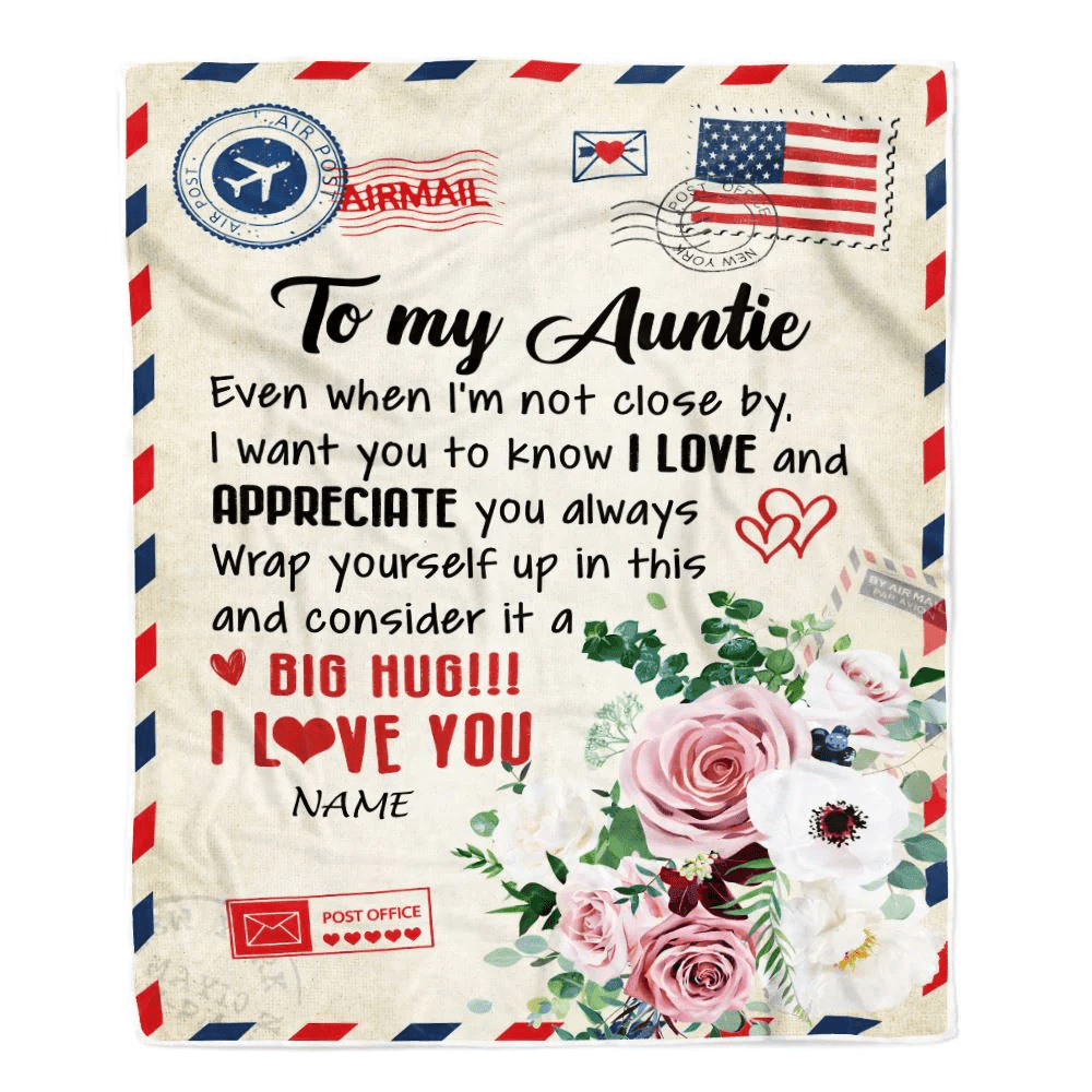Personalized To My Auntie Blanket From Niece Nephew Floral Air Mail Letter I Love You Auntie Birthday Mothers Day Christmas Customized Fleece Throw Blanket