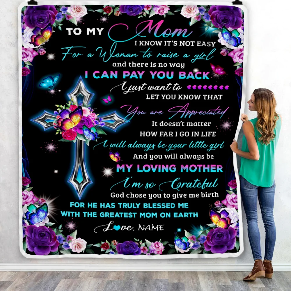 Personalized To My Mom Blanket From Daughter Letter Love You Cross Christian Mom Birthday Mothers Day Thanksgiving Christmas Customized Fleece Blanket