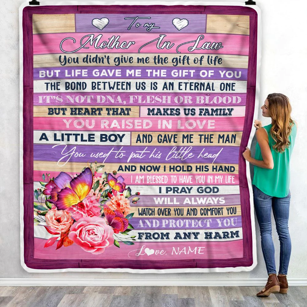 Personalized To My Mother In Law Blanket From Daughter Heart Makes Us Family Butterfly Flower Birthday Mothers Day Christmas Customized Fleece Throw Blanket