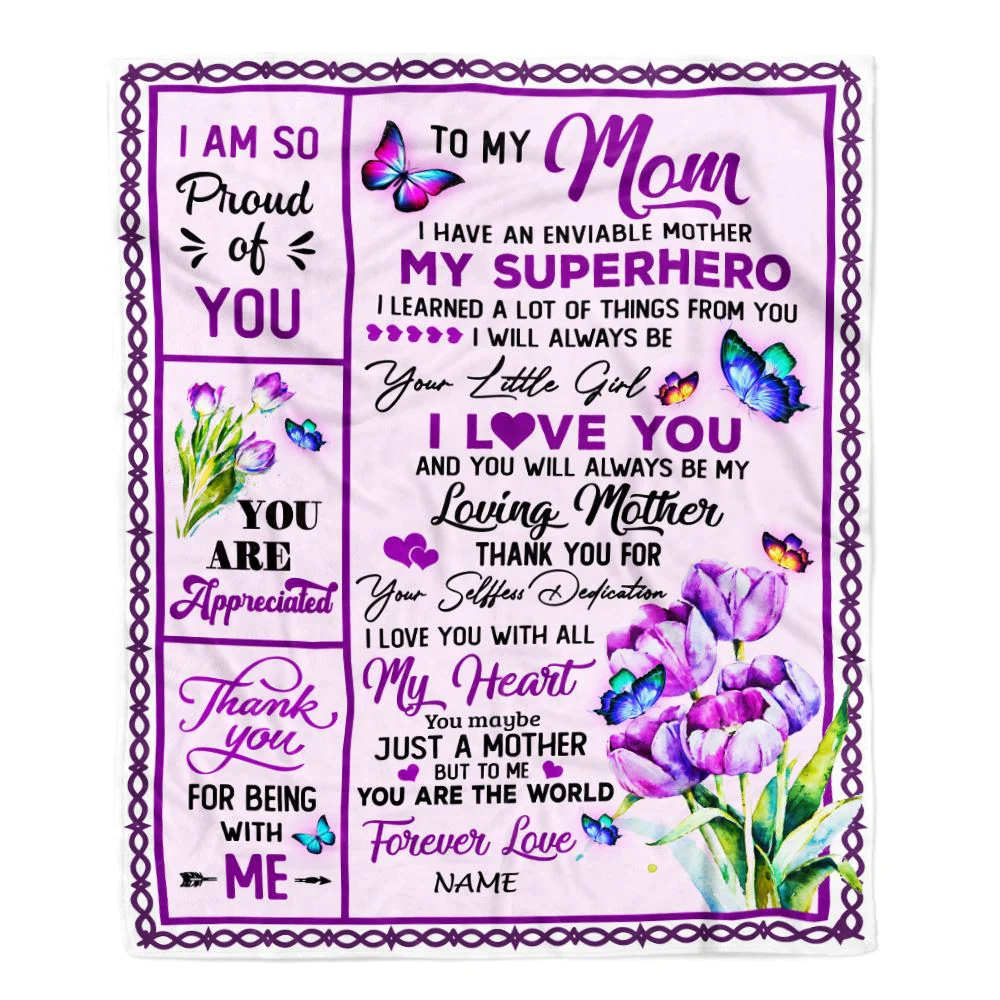 Personalized To My Mom Blanket From Daughter Floral Butterfly Thank You Loving Mother Birthday Mothers Day Christmas Customized Bed Fleece Throw Blanket