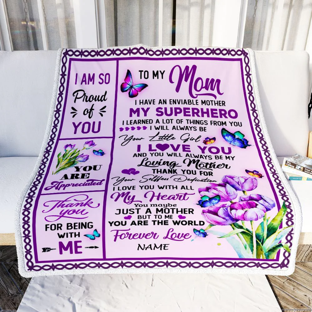 Personalized To My Mom Blanket From Daughter Floral Butterfly Thank You Loving Mother Birthday Mothers Day Christmas Customized Bed Fleece Throw Blanket