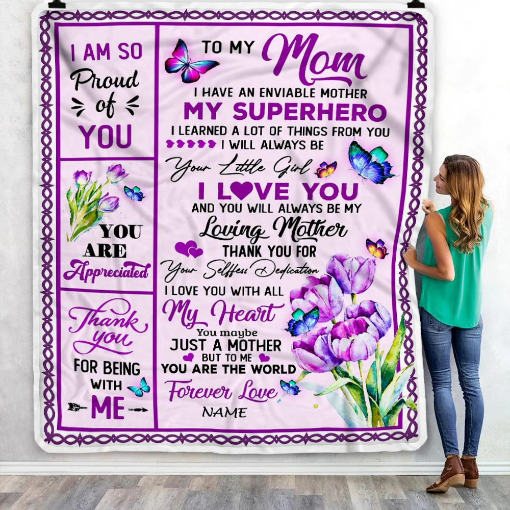 Personalized To My Mom Blanket From Daughter Floral Butterfly Thank You Loving Mother Birthday Mothers Day Christmas Customized Bed Fleece Throw Blanket