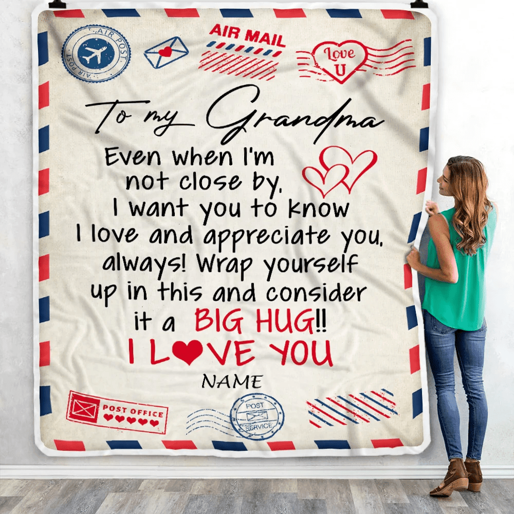 Personalized Grandma Blanket From Grandkids I Love You Hugs Air Mail Letter Grandma Birthday Mothers Day Christmas Customized Fleece Blanket