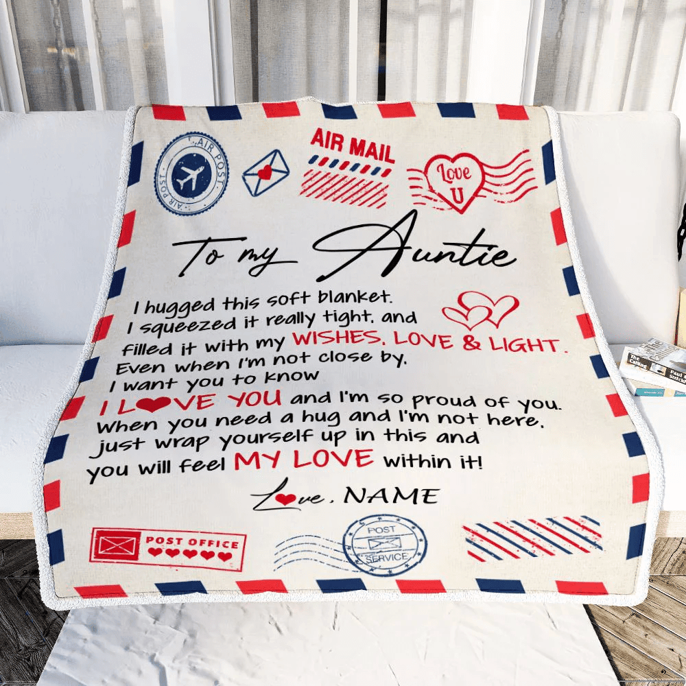 Personalized To My Auntie Blanket From Niece Nephew Air Mail Letter I Love You Auntie Birthday Mothers Day Christmas Customized Fleece Throw Blanket