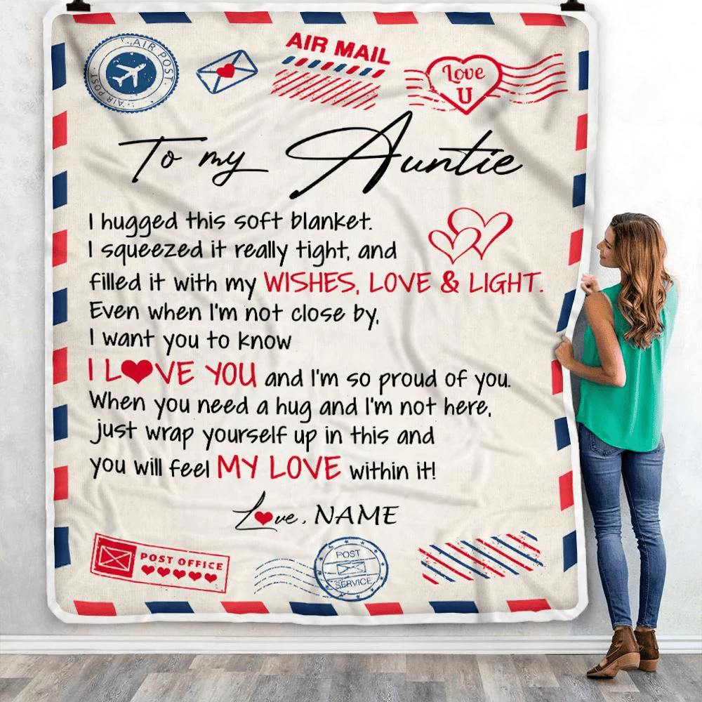 Personalized To My Auntie Blanket From Niece Nephew Air Mail Letter I Love You Auntie Birthday Mothers Day Christmas Customized Fleece Throw Blanket