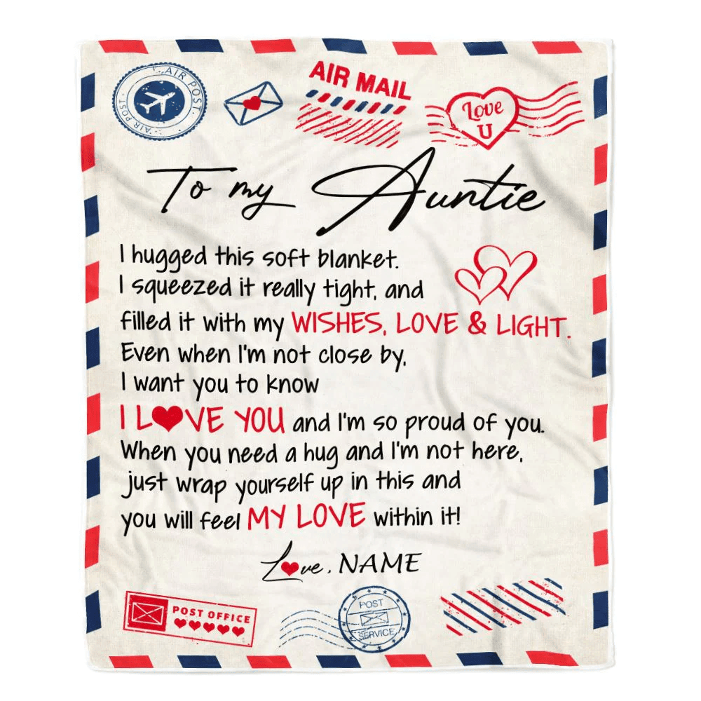 Personalized To My Auntie Blanket From Niece Nephew Air Mail Letter I Love You Auntie Birthday Mothers Day Christmas Customized Fleece Throw Blanket