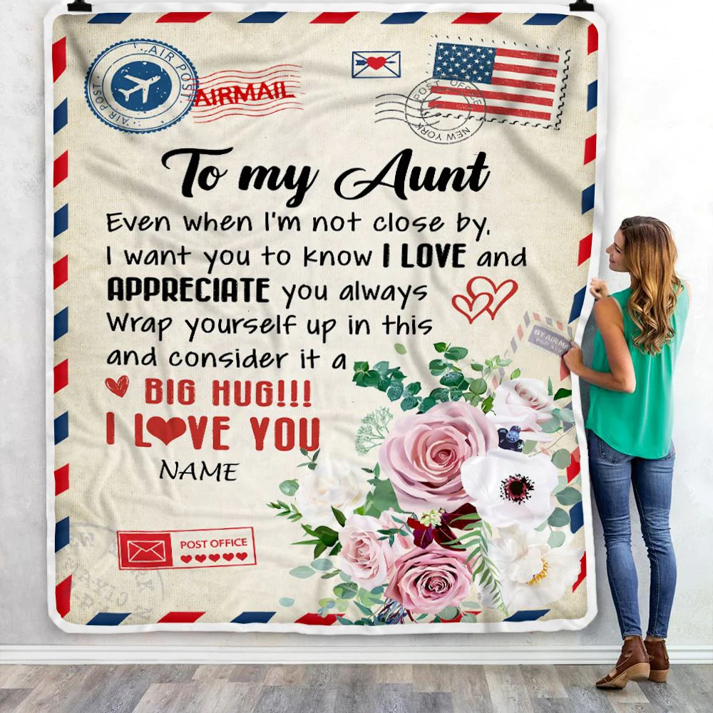 Personalized To My Aunt Blanket From Niece Nephew Floral Air Mail Letter I Love You Aunt Birthday Mothers Day Christmas Customized Fleece Throw Blanket