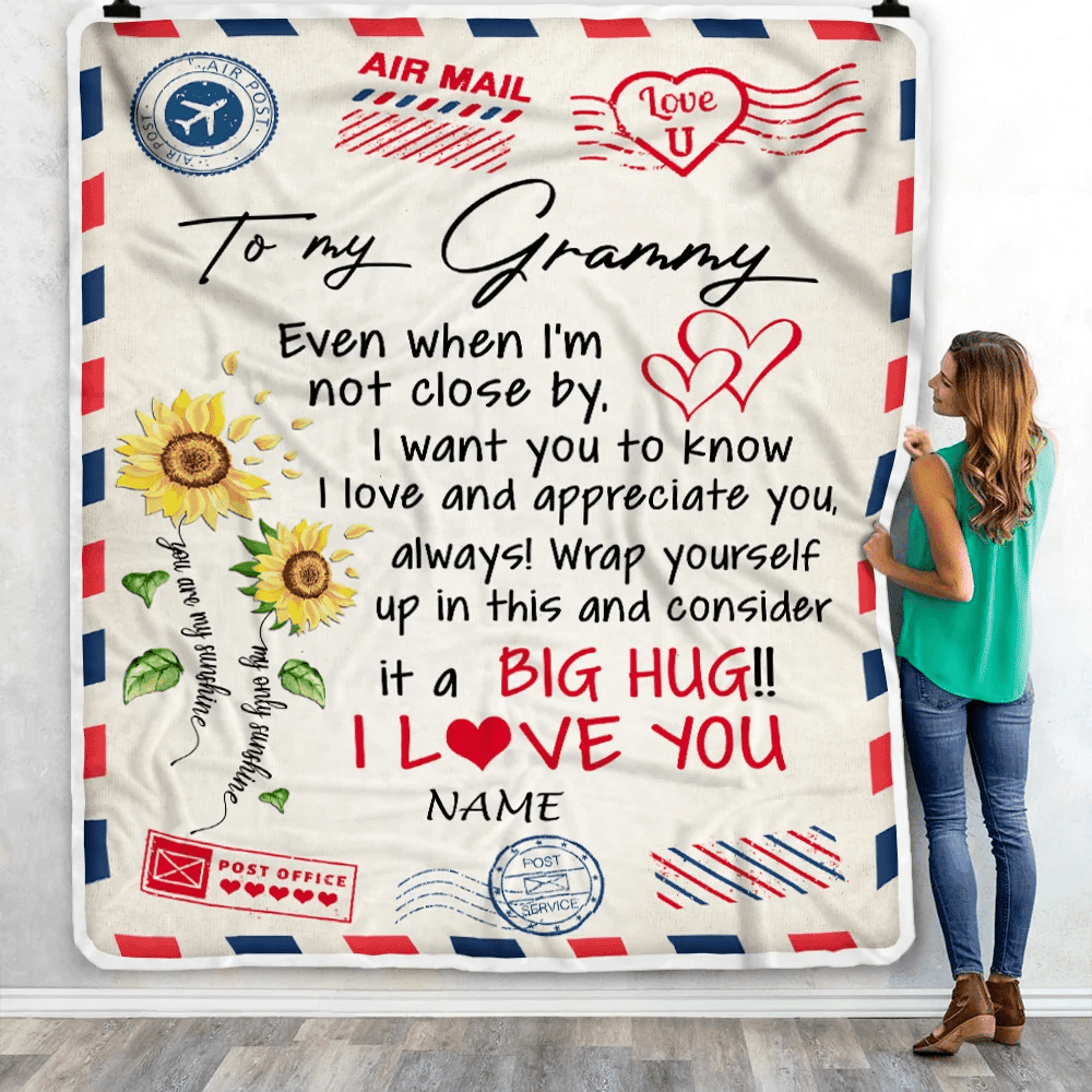 Personalized Grammy Blanket From Grandkids Love Big Hug Air Mail Letter Sunflower Grammy Birthday Mothers Day Christmas Customized Fleece Throw Blanket