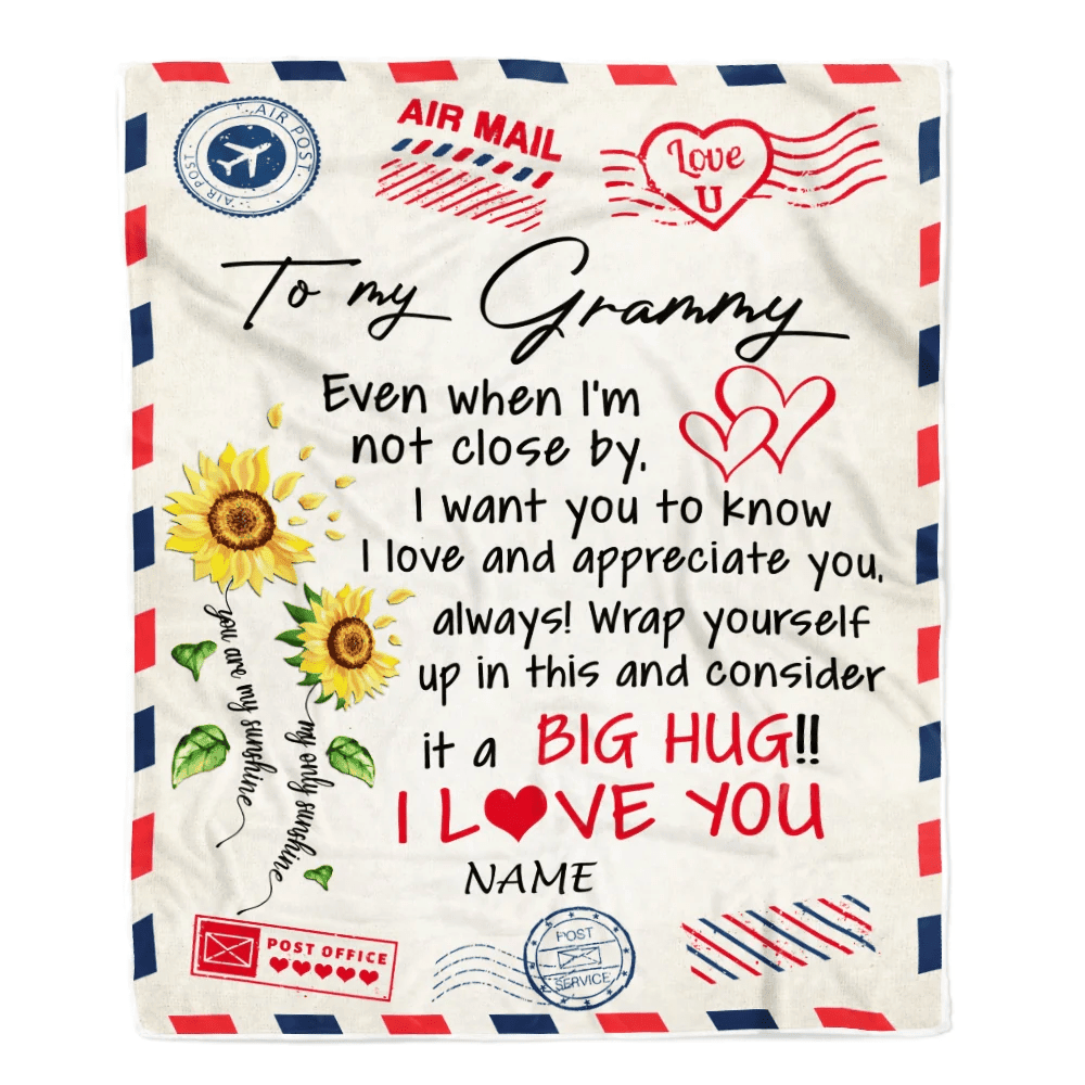 Personalized Grammy Blanket From Grandkids Love Big Hug Air Mail Letter Sunflower Grammy Birthday Mothers Day Christmas Customized Fleece Throw Blanket