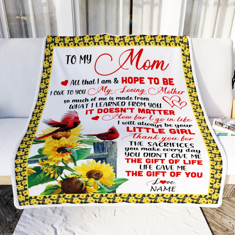 Personalized To My Mom Blanket From Daughter Little Girl Red Bird Cardinal Sunflower My Loving Mothers Day Birthday Christmas Customized Fleece Throw Blanket