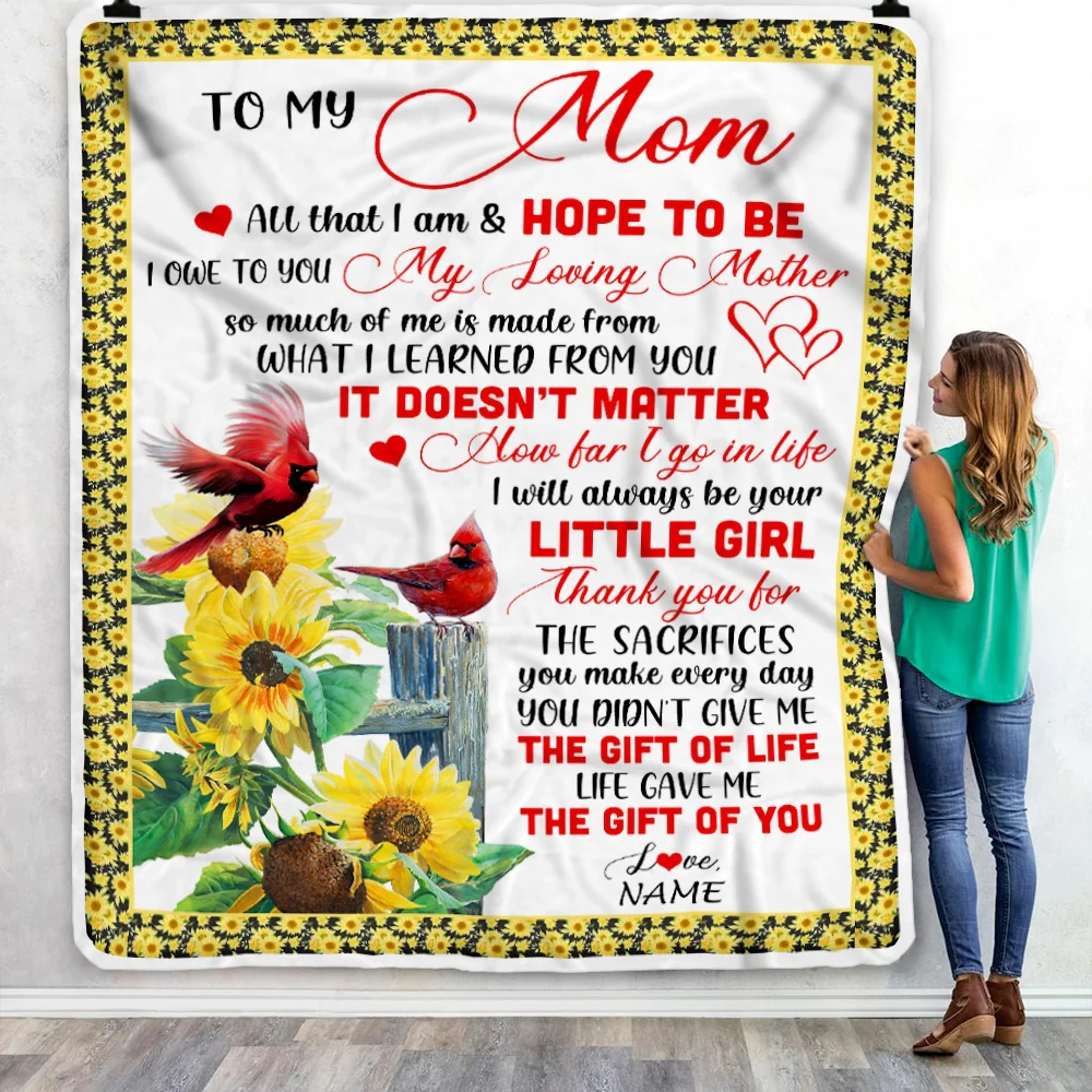 Personalized To My Mom Blanket From Daughter Little Girl Red Bird Cardinal Sunflower My Loving Mothers Day Birthday Christmas Customized Fleece Throw Blanket