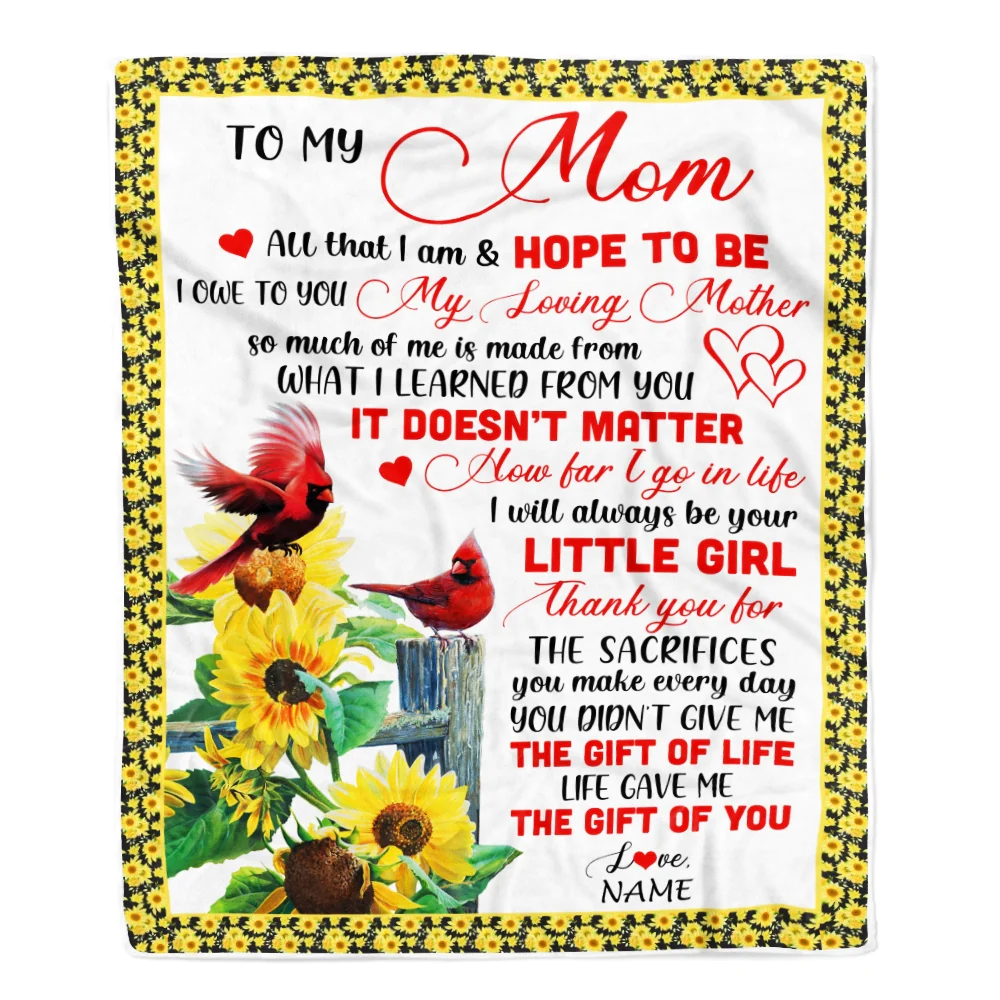 Personalized To My Mom Blanket From Daughter Little Girl Red Bird Cardinal Sunflower My Loving Mothers Day Birthday Christmas Customized Fleece Throw Blanket