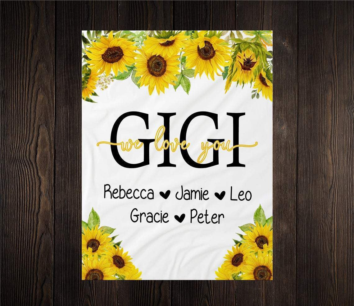 Blanket Gift For Grandma - Personalized Gigi Sunflower Blanket With Grandkid's Name, Mothers Day Birthday Christmas Gift