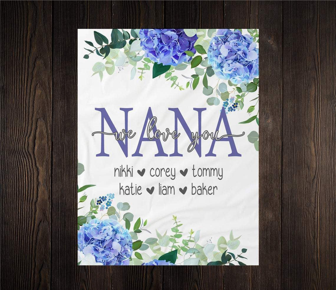 Nana Gift Blanket - Nana Flower Art Customized Nana Blanket with Grandkid's Name Mothers Day Birthday Christmas Gift