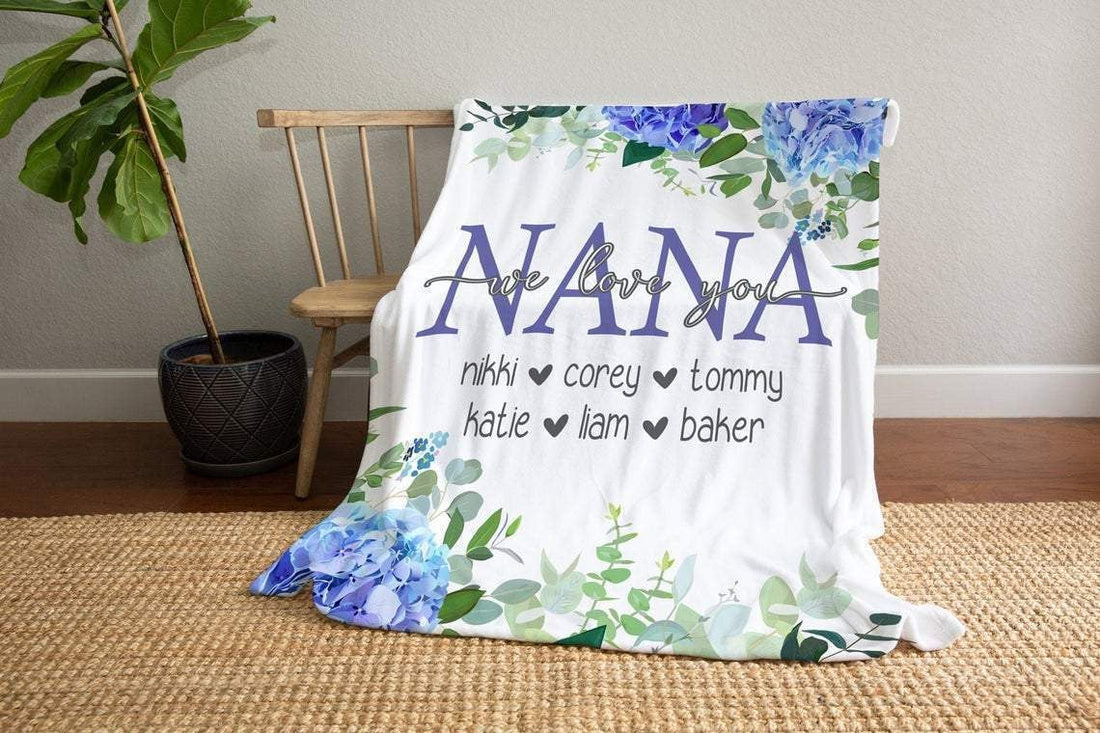 Nana Gift Blanket - Nana Flower Art Customized Nana Blanket with Grandkid's Name Mothers Day Birthday Christmas Gift