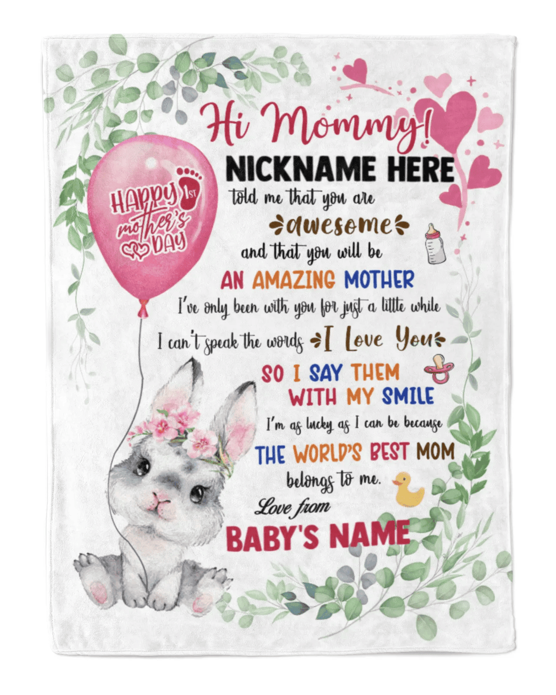 Personalized Printed Blanket Little Bunny With Pink Balloon - Mothers Day Gift, Baby Bunny Blanket, 1st Mothers Day Blanket