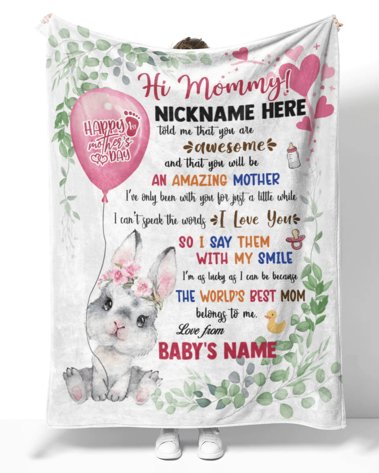 Personalized Printed Blanket Little Bunny With Pink Balloon - Mothers Day Gift, Baby Bunny Blanket, 1st Mothers Day Blanket