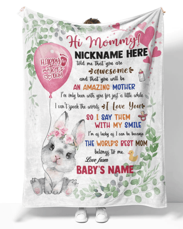 Personalized Printed Blanket Little Bunny With Pink Balloon - Mothers Day Gift, Baby Bunny Blanket, 1st Mothers Day Blanket