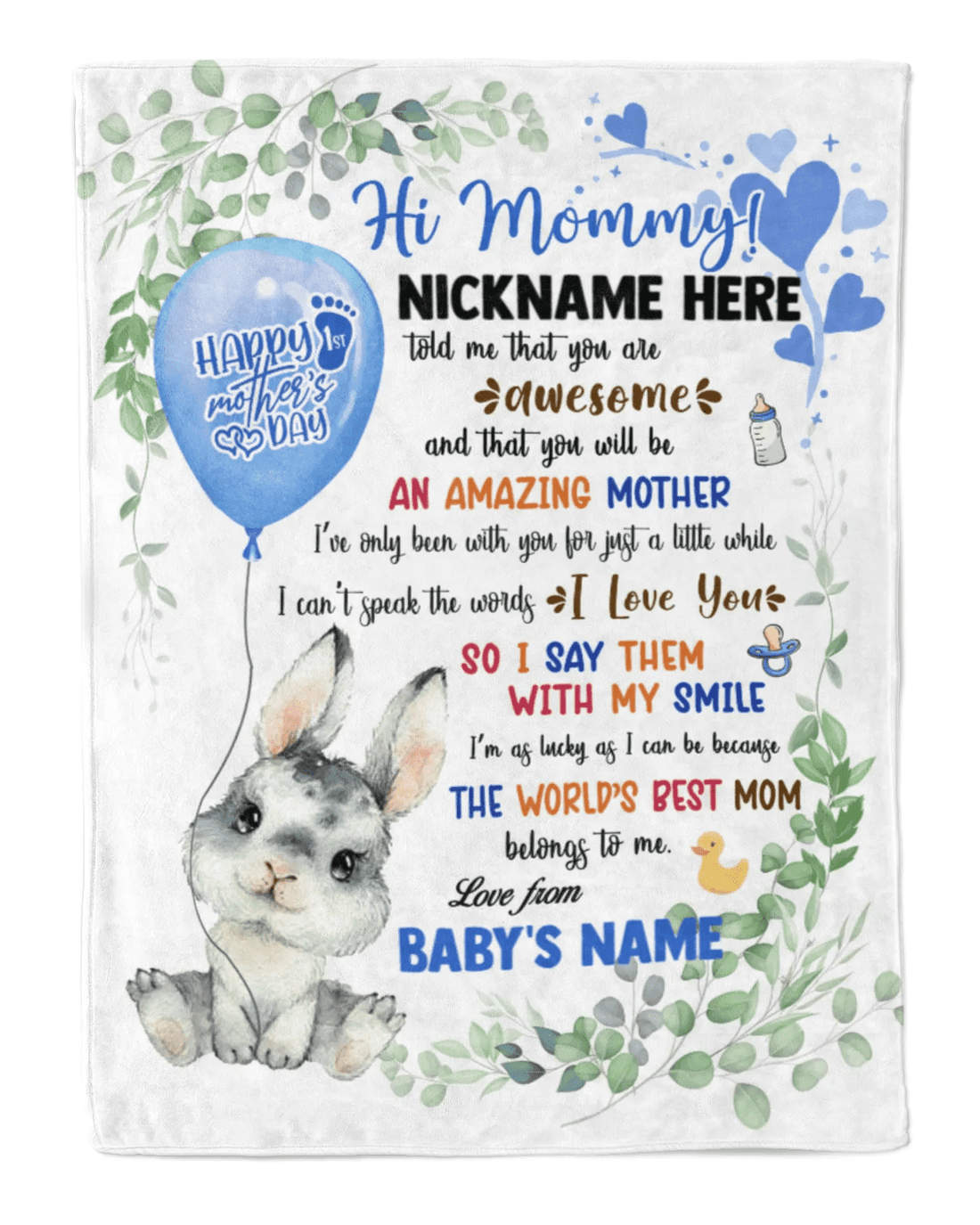 Personalized Printed Blanket Little Bunny With Blue Balloon - Mothers Day Gift, Happy 1st Mother Day Blanket, Baby Bunny Blanket