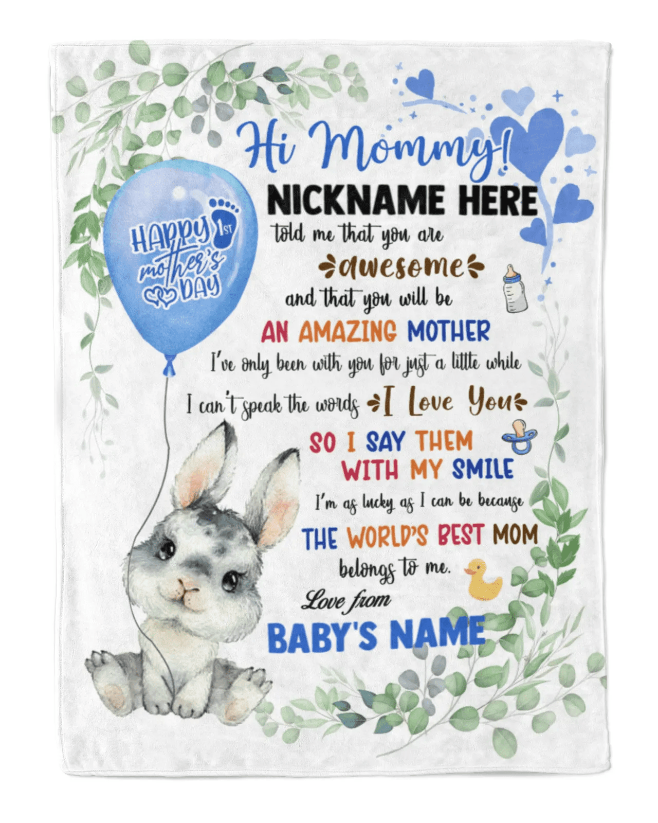 Personalized Printed Blanket Little Bunny With Blue Balloon - Mothers Day Gift, Happy 1st Mother Day Blanket, Baby Bunny Blanket