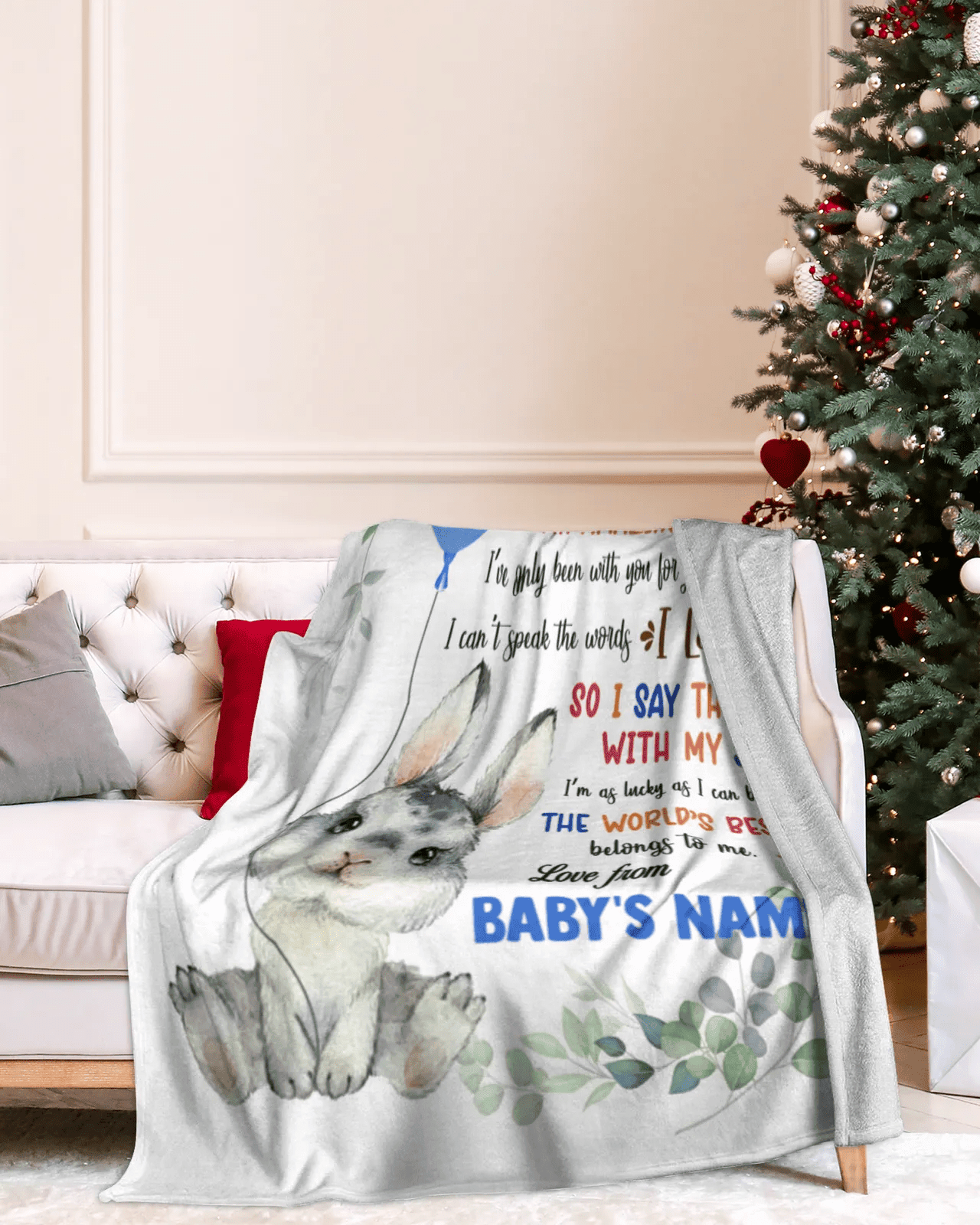 Personalized Printed Blanket Little Bunny With Blue Balloon - Mothers Day Gift, Happy 1st Mother Day Blanket, Baby Bunny Blanket