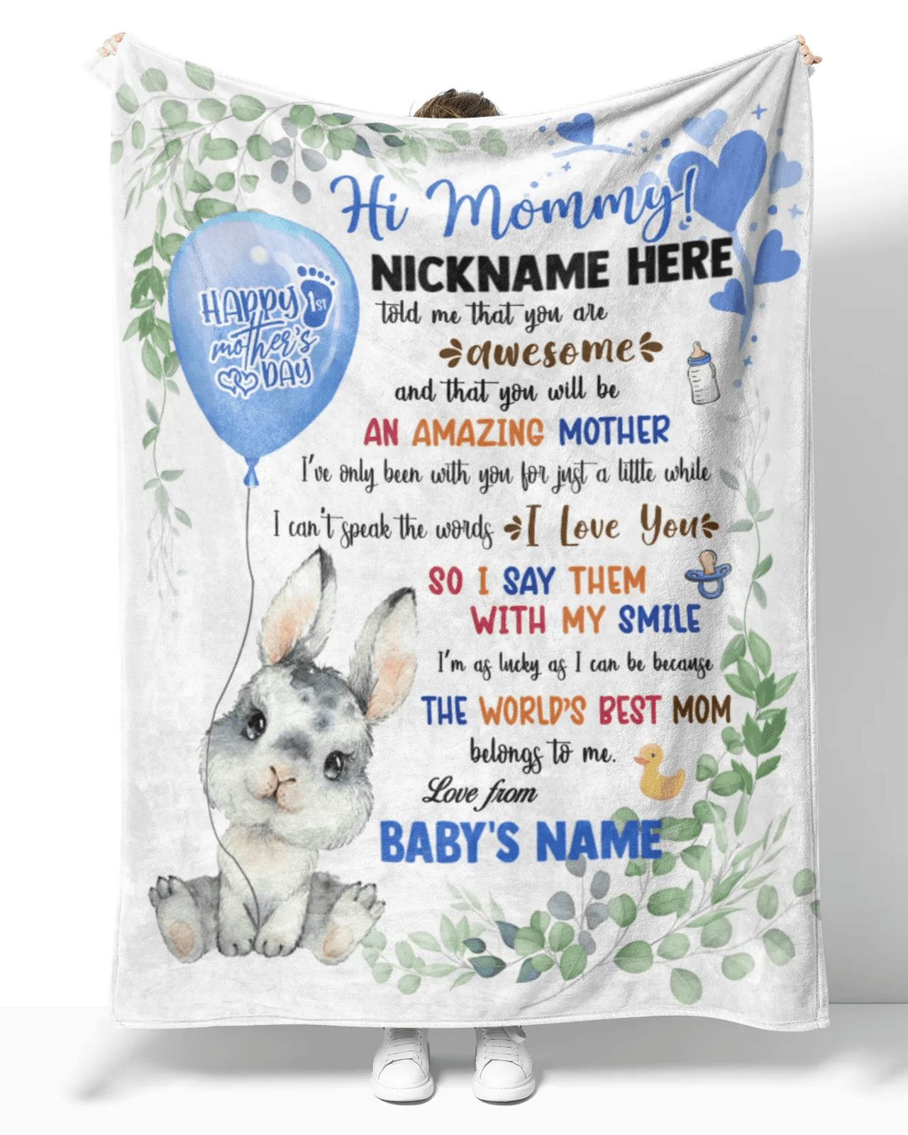 Personalized Printed Blanket Little Bunny With Blue Balloon - Mothers Day Gift, Happy 1st Mother Day Blanket, Baby Bunny Blanket