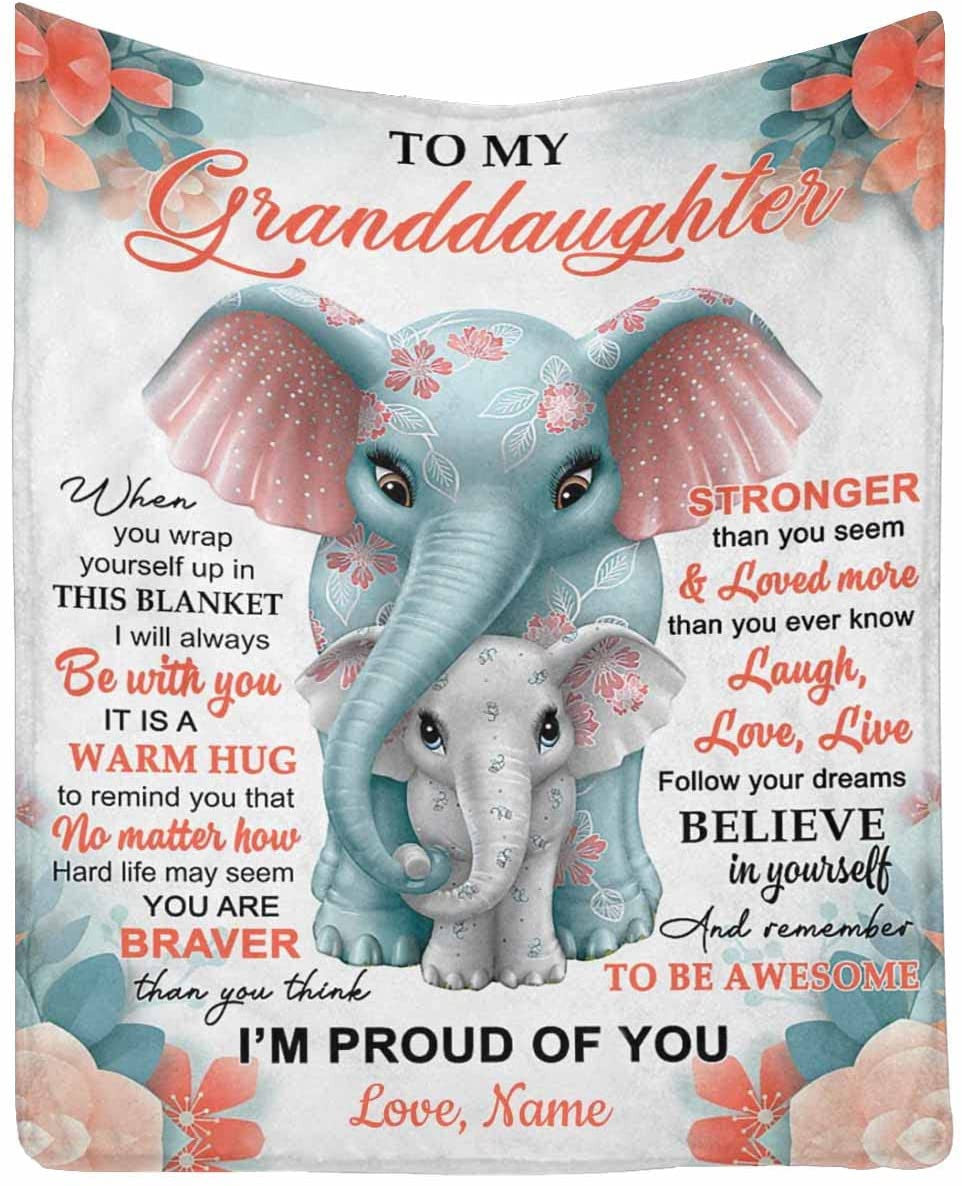Personalized Elephant Blanket - To My Granddaughter From Grandma - Blanket Present for Valentines Mothers Day Christmas Graduation Anniversary